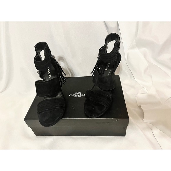Coach Shoes - Coach Delaney Lux Suede Black Wedge Sandals Fringe Feather Charm BLK 9.5M